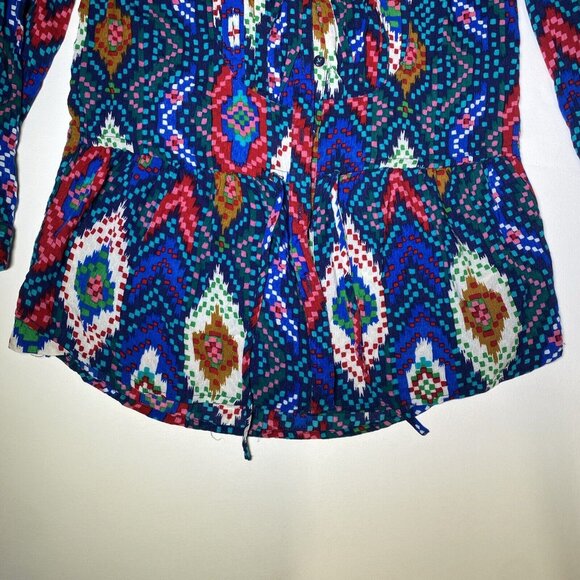 Maeve Anthropologie Topoxte Geometric Ikat Button Front Blouse Shirt Size 0 Blue - Picture 5 of 13